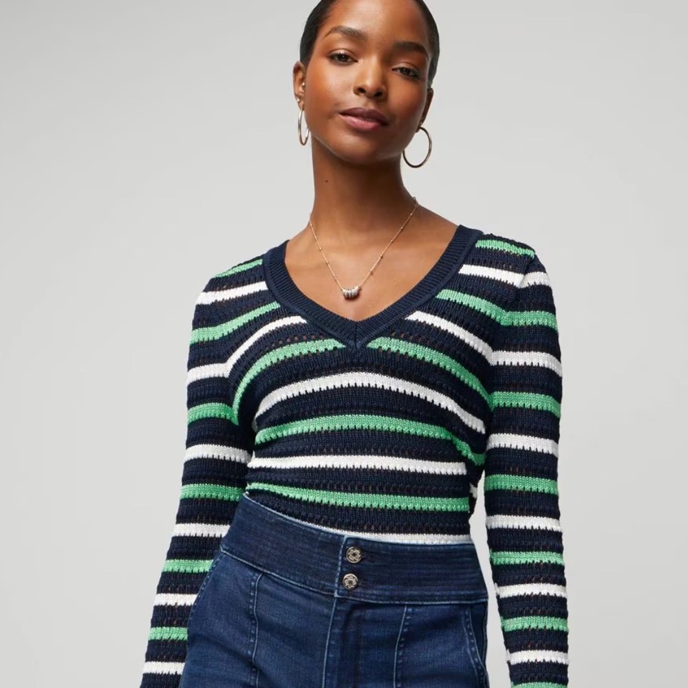 White House Black Market Striped V-Neck Knit stretch Sweater - Green & white